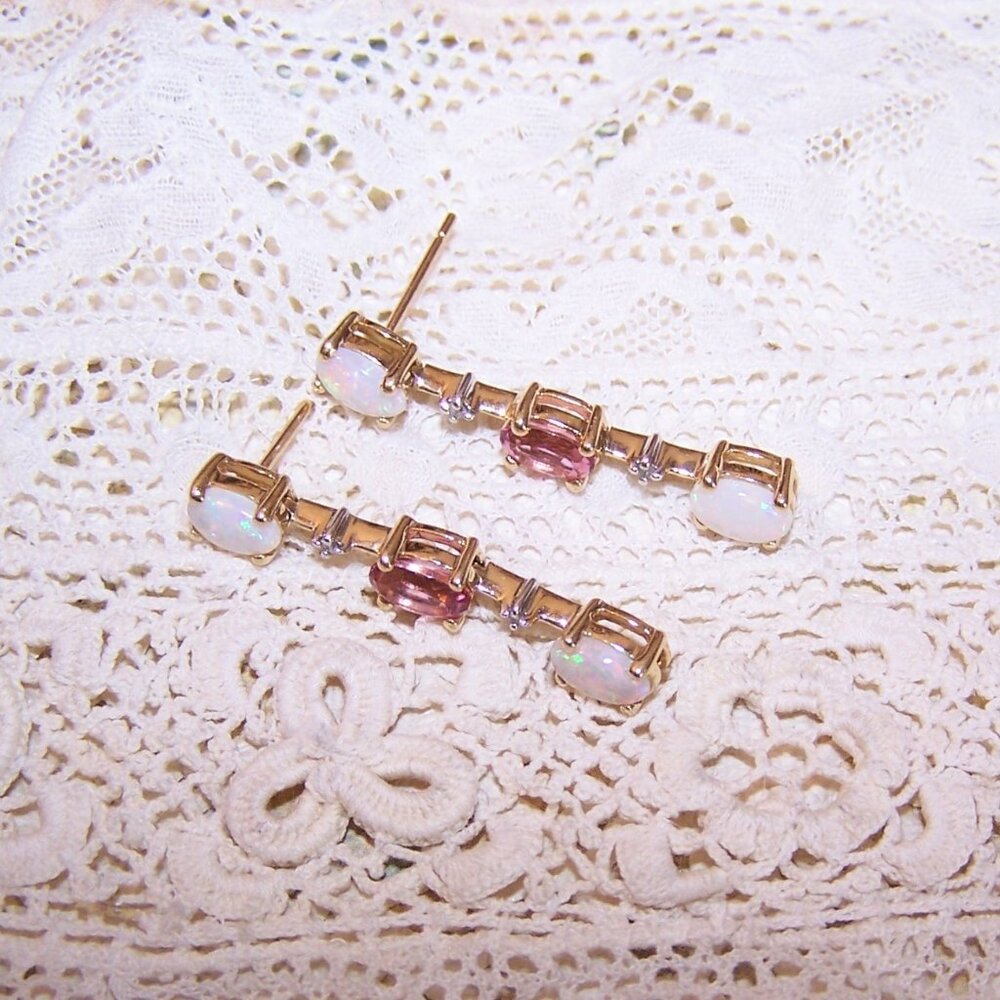 14K Gold Opal Diamond and Pink Tourmaline Dangle Drop Earrings - Posts with Nuts - Picture 8 of 11